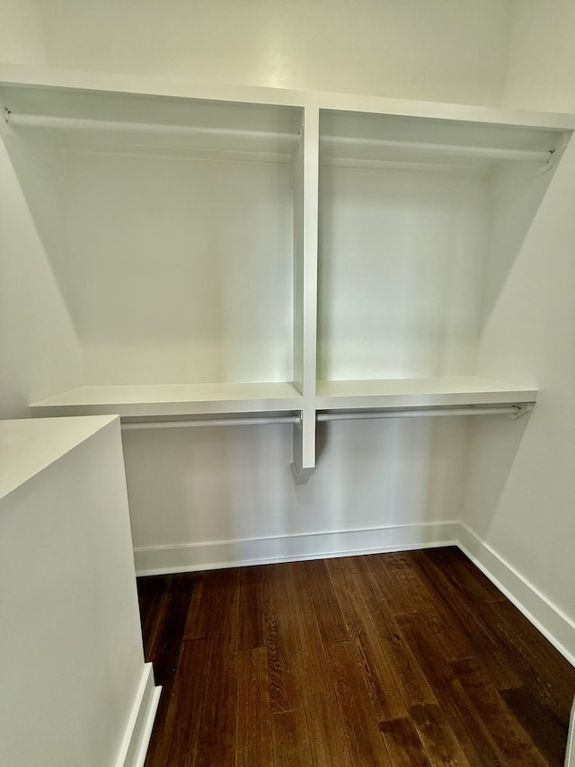 walk in closet with dark wood-type flooring