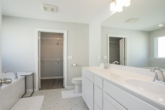 bathroom with a bathing tub, vanity, and toilet