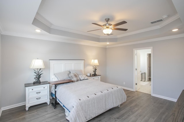 bedroom featuring ensuite bathroom, a raised ceiling, ceiling fan, and ornamental molding