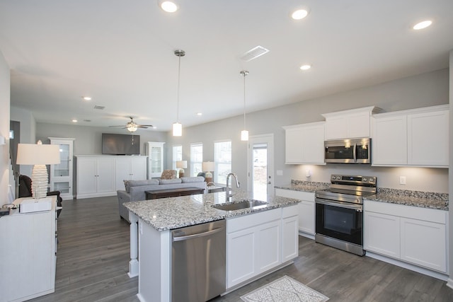 kitchen with white cabinets, ceiling fan, sink, and stainless steel appliances