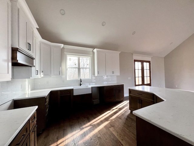 kitchen featuring french doors, dark hardwood / wood-style flooring, tasteful backsplash, and plenty of natural light