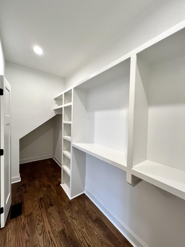 spacious closet with dark wood-type flooring