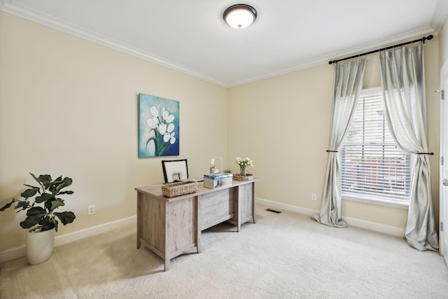 home office with light colored carpet and ornamental molding