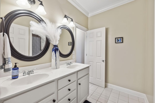 bathroom featuring tile patterned floors, crown molding, and vanity