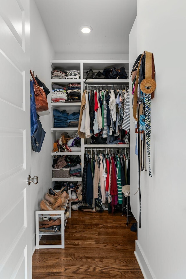 walk in closet featuring dark wood-type flooring