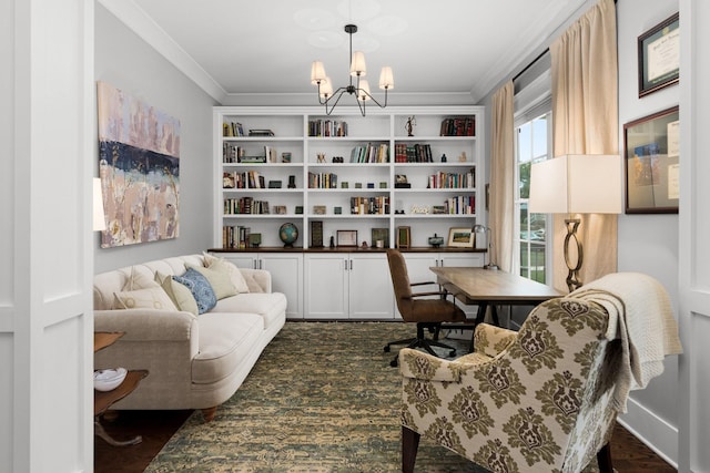 living area with an inviting chandelier, crown molding, and dark wood-type flooring