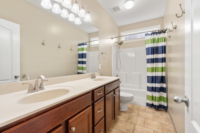 full bathroom featuring vanity, toilet, and shower / tub combo with curtain