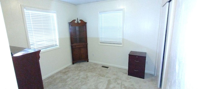 interior space featuring light carpet