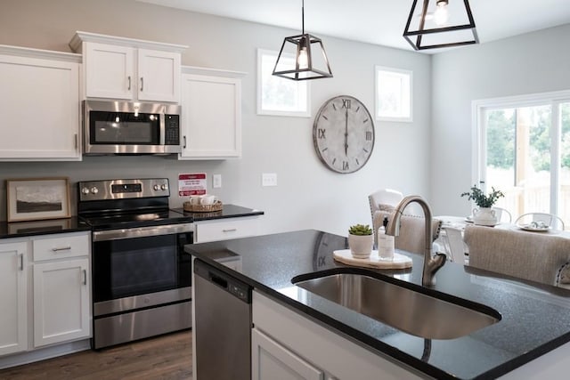 kitchen with dark hardwood / wood-style flooring, stainless steel appliances, white cabinetry, and sink