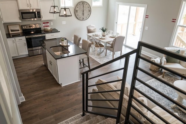 kitchen featuring dark wood-type flooring, stainless steel appliances, a kitchen island with sink, and a healthy amount of sunlight