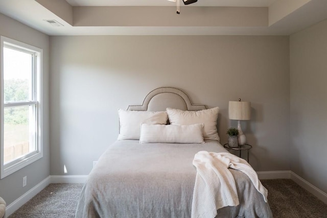 carpeted bedroom with a raised ceiling and ceiling fan