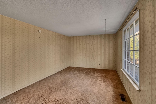 carpeted empty room featuring a textured ceiling