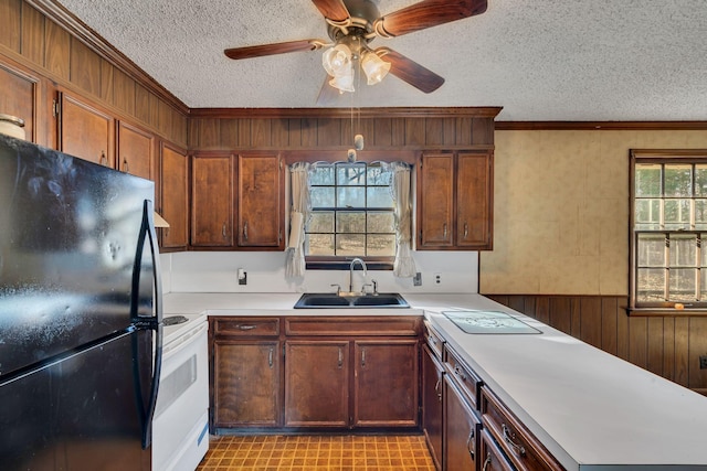 kitchen featuring black refrigerator, white range with electric cooktop, a healthy amount of sunlight, and sink