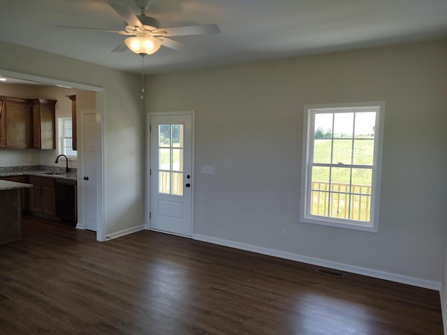 5058 Blue Springs Rd, Smithville, TN 37166 - interior space with a sink, dark wood-style flooring, ceiling fan, and baseboards