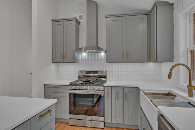 kitchen featuring a sink, stainless steel appliances, gray cabinetry, and wall chimney exhaust hood