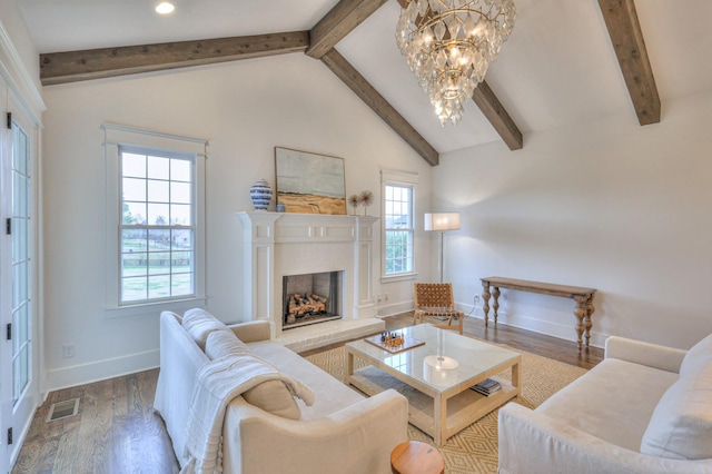 living room featuring a chandelier, hardwood / wood-style floors, high vaulted ceiling, and beam ceiling