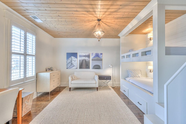 bedroom with dark hardwood / wood-style floors and wood ceiling