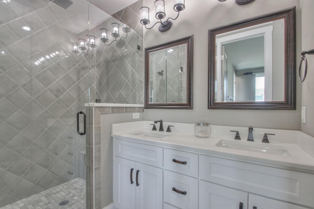 bathroom featuring vanity and a shower with shower door