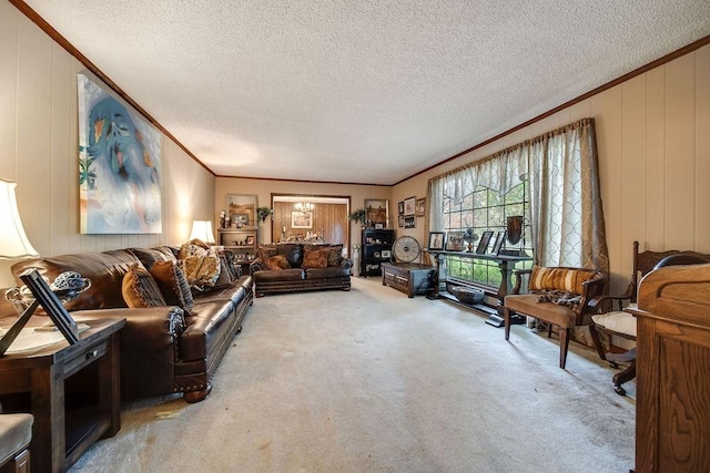 living room with carpet flooring, crown molding, and a textured ceiling