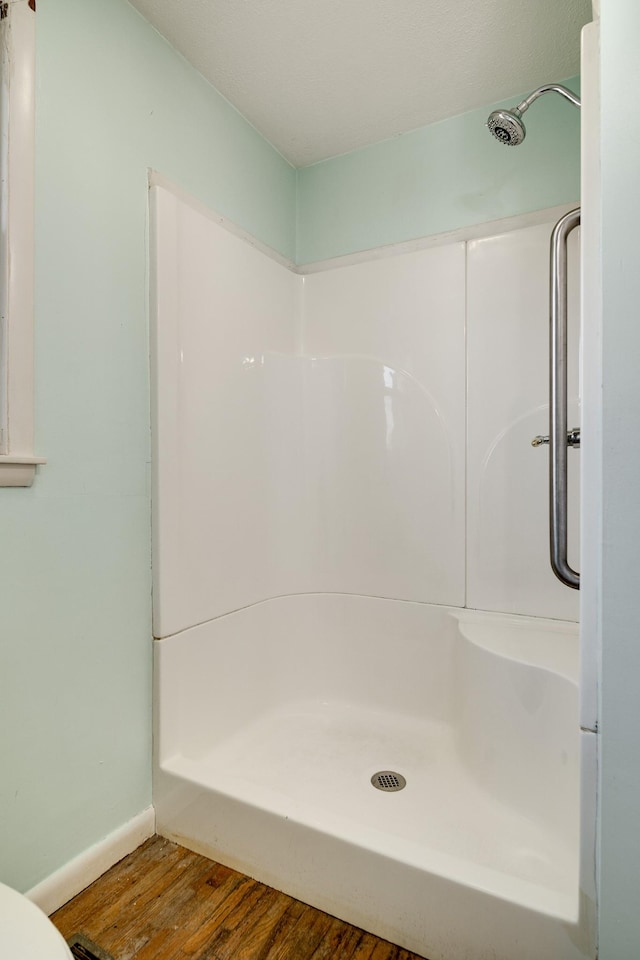 bathroom with wood-type flooring and walk in shower