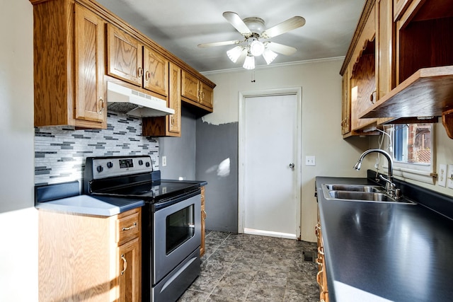 kitchen featuring stainless steel electric range oven, sink, ceiling fan, backsplash, and crown molding