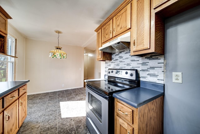 kitchen with stainless steel range with electric cooktop, hanging light fixtures, and tasteful backsplash