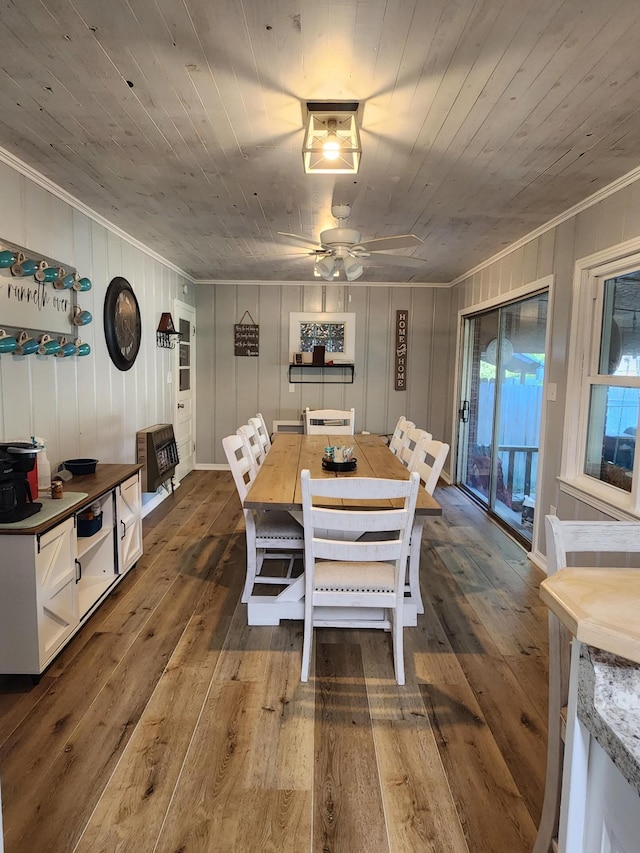 dining room with wooden walls, ceiling fan, dark wood-type flooring, and wood ceiling