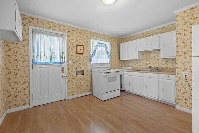 kitchen featuring sink, light wood-type flooring, white cabinetry, and electric stove