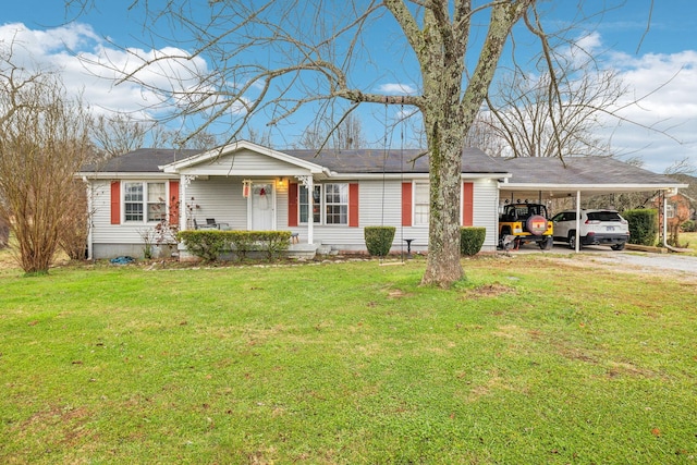 single story home with a front yard and a carport