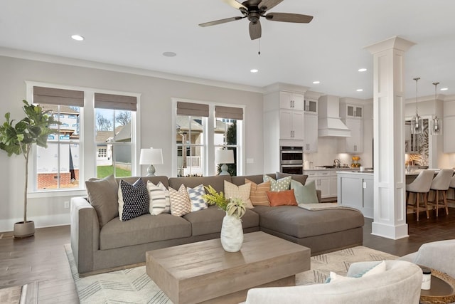 living room featuring dark hardwood / wood-style flooring, a wealth of natural light, and crown molding