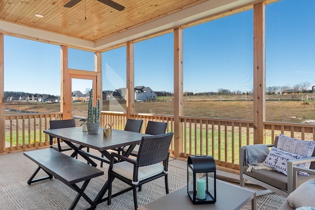 sunroom featuring plenty of natural light, ceiling fan, and wooden ceiling