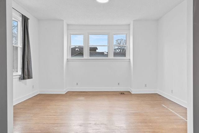 unfurnished room featuring a wealth of natural light, light hardwood / wood-style flooring, and a textured ceiling