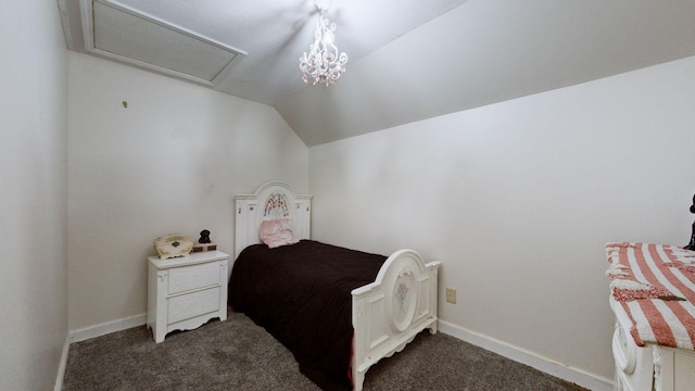 carpeted bedroom with vaulted ceiling