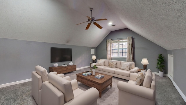 living room featuring light carpet, a textured ceiling, ceiling fan, and lofted ceiling