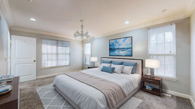 bedroom with carpet flooring, a chandelier, and ornamental molding