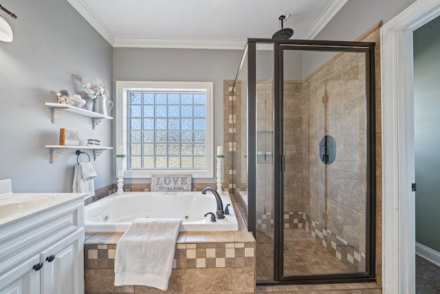 bathroom featuring separate shower and tub, crown molding, and vanity