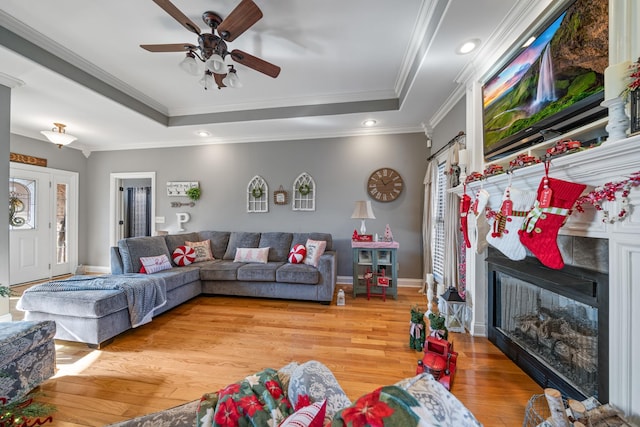 living room with hardwood / wood-style floors, ceiling fan, ornamental molding, and a tray ceiling