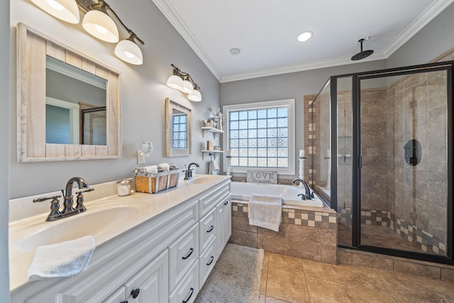 bathroom featuring tile patterned floors, crown molding, and plus walk in shower