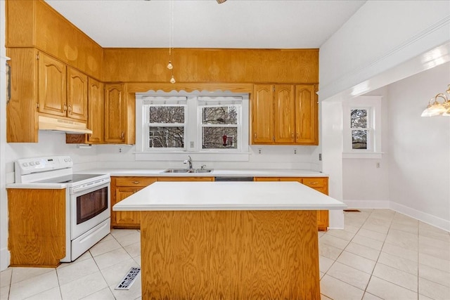 kitchen featuring sink, a kitchen island, a wealth of natural light, and electric stove