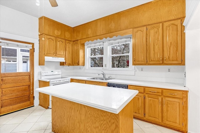 kitchen with white range with electric stovetop, sink, light tile patterned floors, dishwasher, and a center island