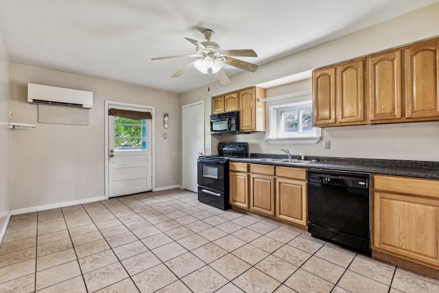 kitchen featuring a wall unit AC, a wealth of natural light, ceiling fan, and black appliances