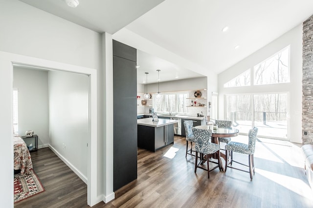 dining room featuring dark wood-type flooring and a towering ceiling