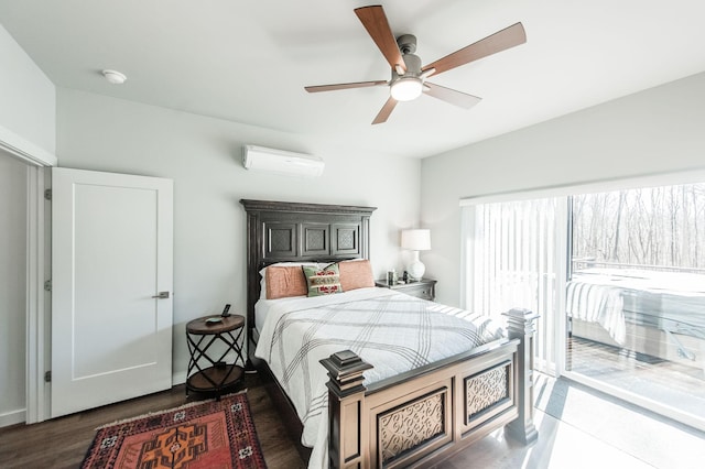 bedroom with dark wood-type flooring, ceiling fan, and an AC wall unit