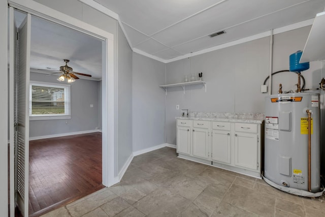 interior space with ceiling fan, light hardwood / wood-style floors, electric water heater, and white cabinetry