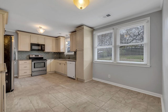 kitchen featuring light stone countertops, appliances with stainless steel finishes, tasteful backsplash, ornamental molding, and pendant lighting