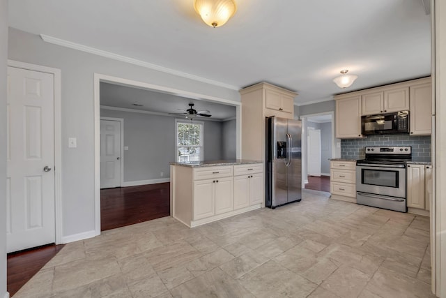 kitchen featuring appliances with stainless steel finishes, backsplash, ceiling fan, and ornamental molding