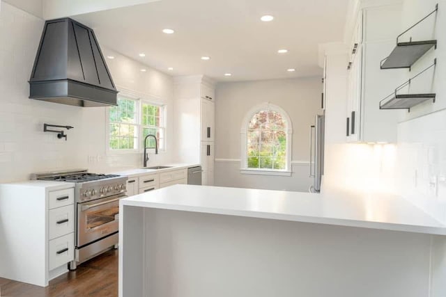 kitchen with white cabinetry, sink, stainless steel appliances, premium range hood, and kitchen peninsula