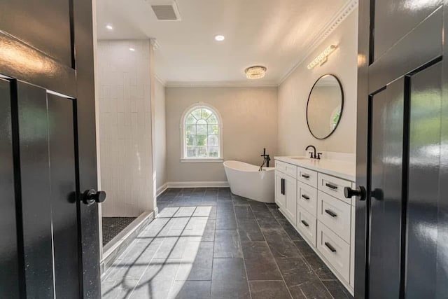 bathroom with vanity, separate shower and tub, and ornamental molding