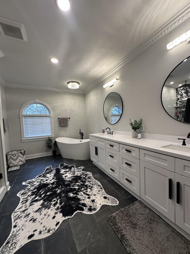 bathroom featuring a tub to relax in, vanity, and ornamental molding