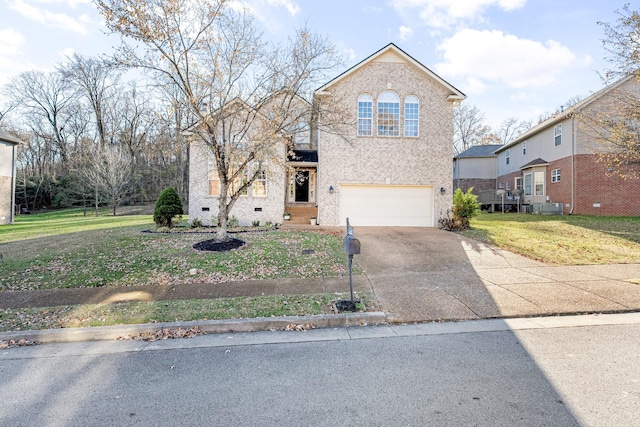 view of property with a garage, a front lawn, and central air condition unit